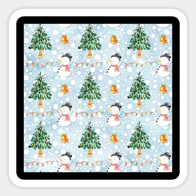 Snowman With Fir Tree In Watercolor Pattern Sticker by NoPlanB